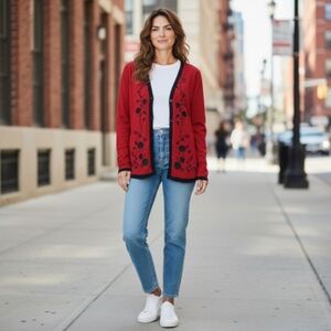 Vintage Vicki Wayne Red Button Up Sweater Floral Sticth Women Size Medium